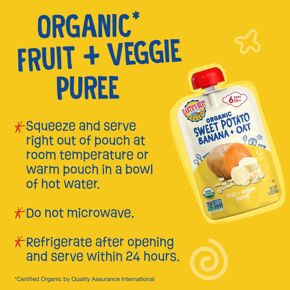 slide 2 of 6, Earth's Best® Puree Pouch - Wholesome Breakfast Sweet Potato Banana Oat, 3.5 oz