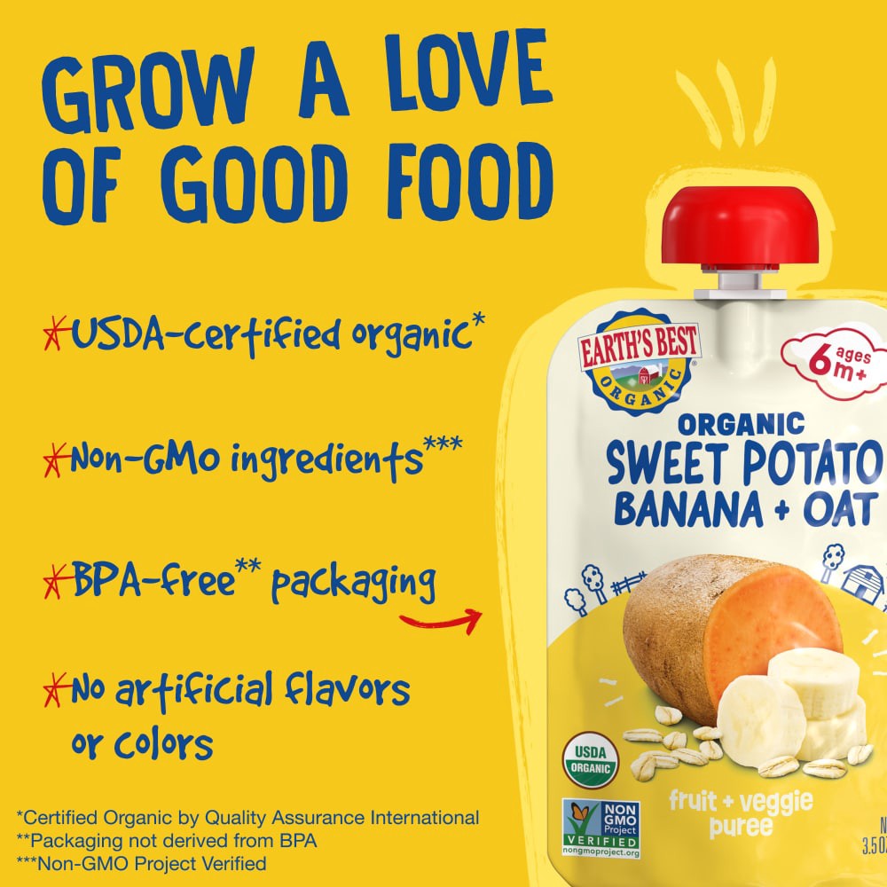 slide 4 of 6, Earth's Best® Puree Pouch - Wholesome Breakfast Sweet Potato Banana Oat, 3.5 oz
