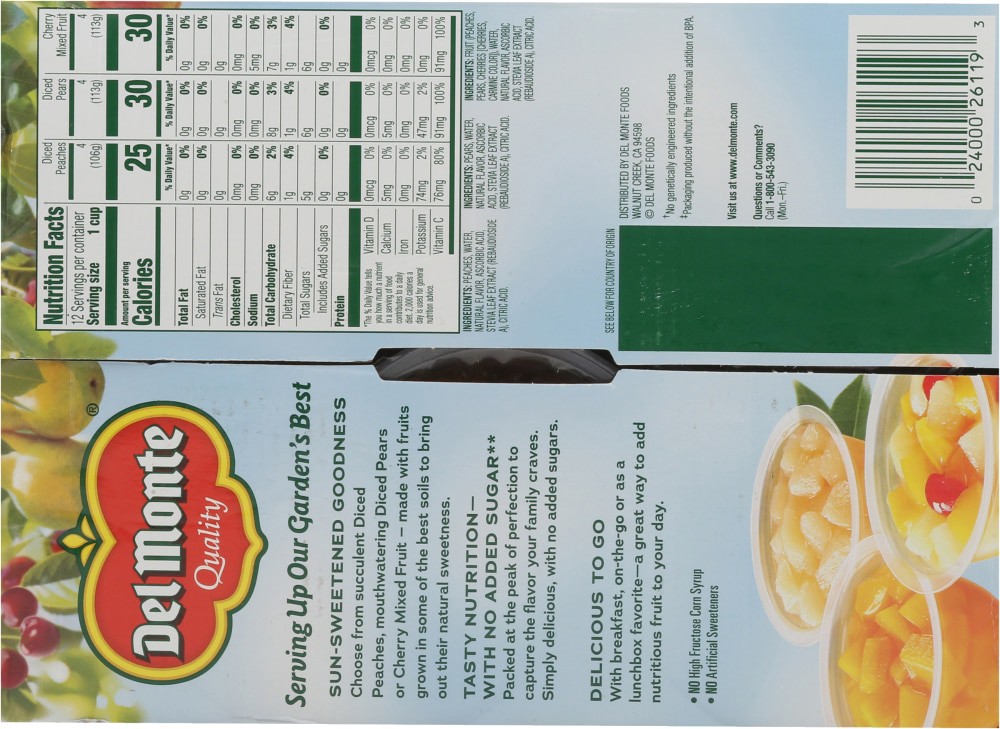 slide 2 of 2, Del Monte No Sugar Added Diced Peaches/Diced Pears/Cherry Mixed Fruit Fruit Cups Snacks Family Pack 12 Cups, 12 ct