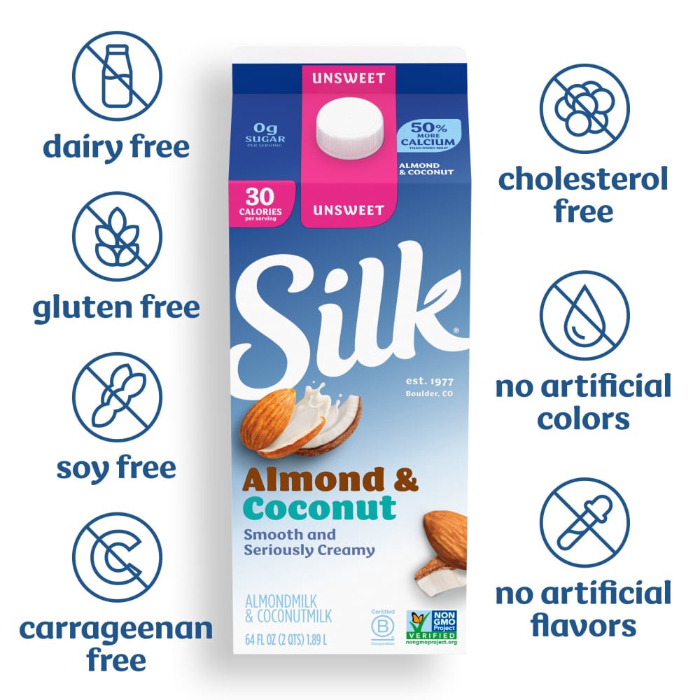slide 2 of 6, Silk Almond Coconut Milk, Unsweet, Dairy Free, Gluten Free, 64 FL OZ Half Gallon, 64 fl oz