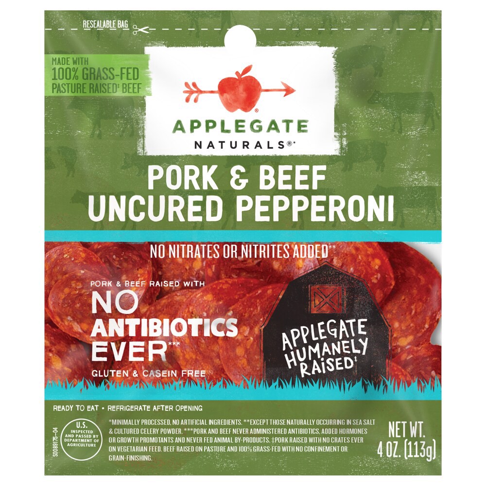 slide 4 of 6, Applegate Natural Uncured Pork & Beef Pepperoni Sliced, 4 oz