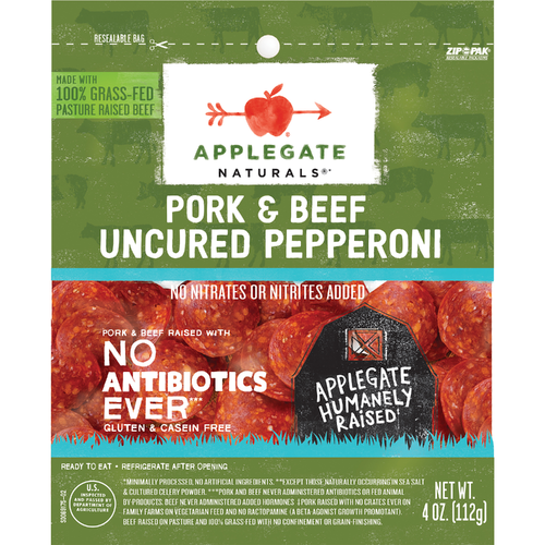 slide 1 of 1, Applegate Naturals Uncured Pork & Beef Pepperoni, 4 oz