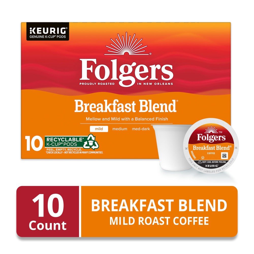 slide 2 of 5, Folgers Breakfast Blend Coffee, Mild Roast, Keurig K-Cup Pods, 10 Count, 10 ct