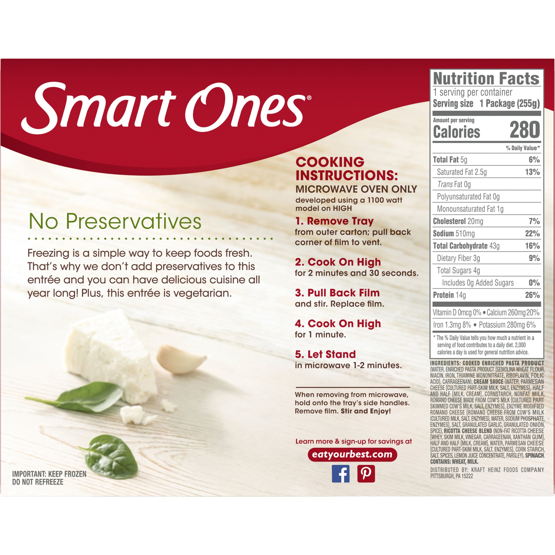 slide 5 of 6, Smart Ones Pasta with Ricotta & Spinach with Creamy White Sauce Frozen Meal, 9 oz Box, 9 oz