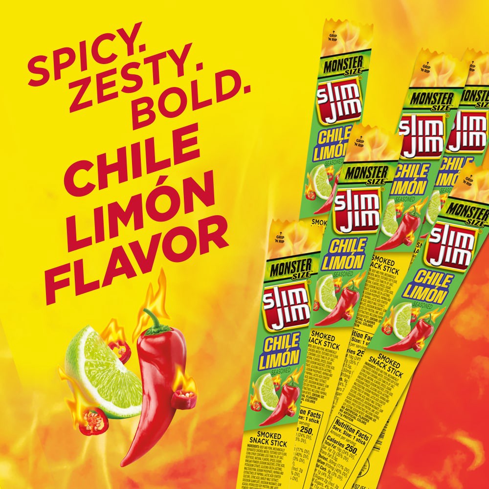 slide 4 of 6, Slim Jim Monster Smoked Snack Stick, Chile Limón Seasoned, On-the-go Meat Snack 1.94 oz., 1.94 oz