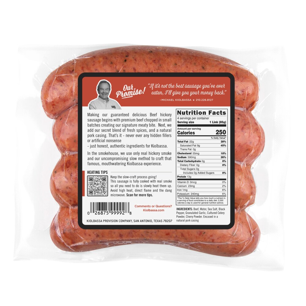 slide 2 of 5, Kiolbassa Beef Hickory Smoked Sausage, 13 oz