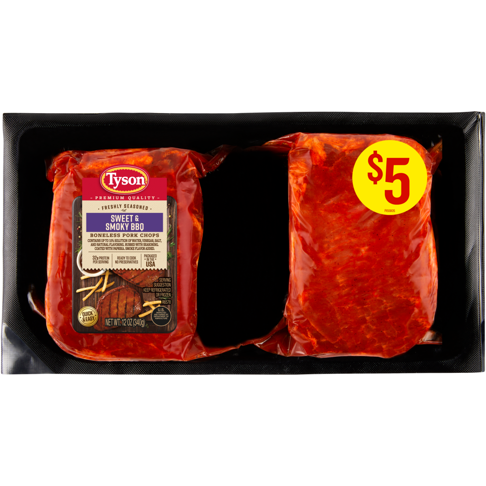 slide 1 of 6, Tyson® Pork Chops Sweet & Smoky BBQ Freshly Seasoned Boneless Ready to Cook, 12 oz