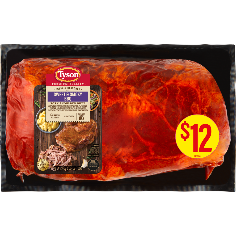 slide 1 of 1, Tyson Premium Quality Sweet & Smoky BBQ Seasoned Pork Butt Roast, 2 LB 4 oz, 2 lb