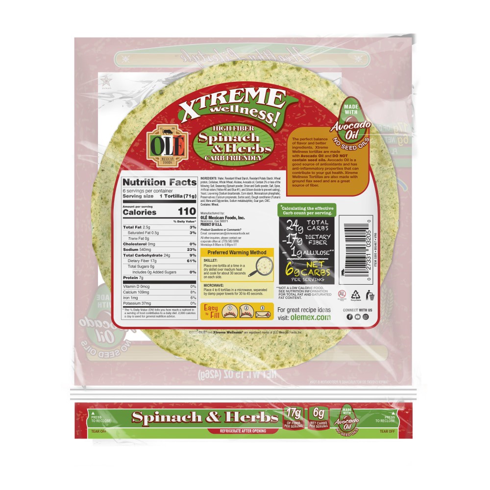 slide 3 of 5, Olé Xtreme Wellness Spinach & Herbs 10" Tortillas, Keto Friendly, 6 ct