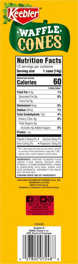 slide 3 of 4, KEEBLER Waffle Cones, 12count Cones, 5oz / 141g, 12 ct