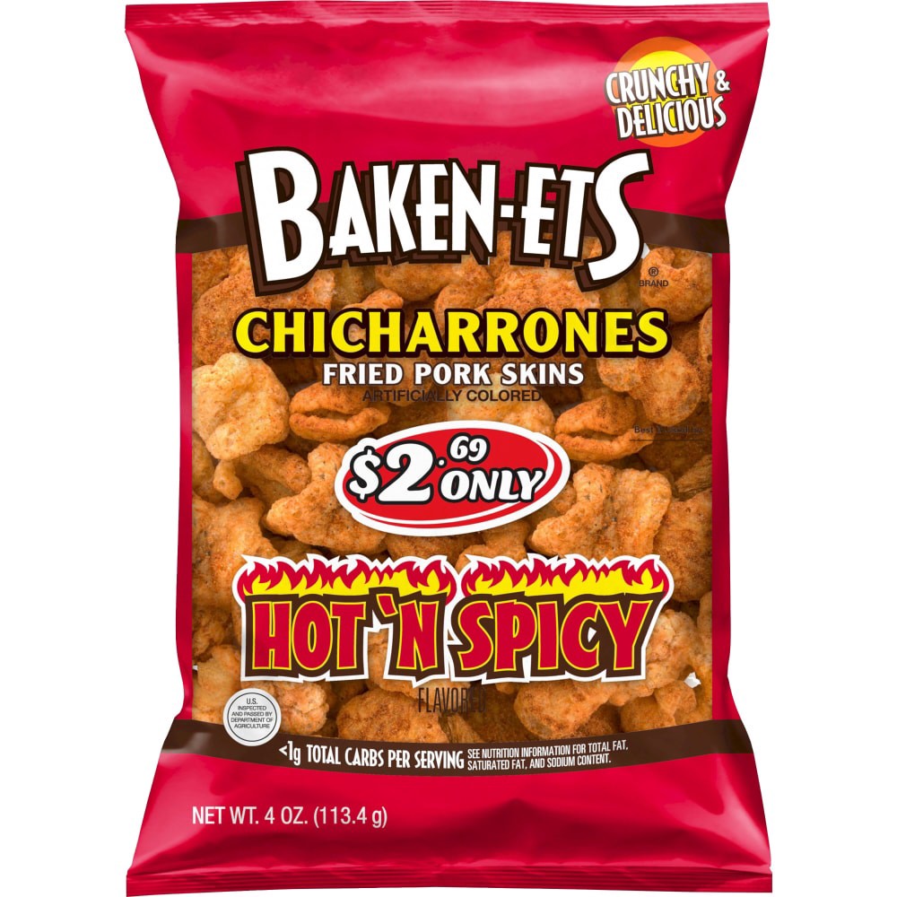 slide 2 of 2, BAKEN-ETS Chicharrones, Hot 'N Spicy Flavored, 4 oz