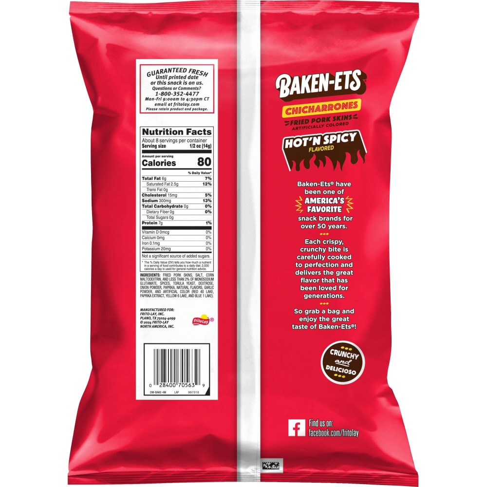 slide 2 of 2, BAKEN-ETS Chicharrones, Hot 'N Spicy Flavored, 4 oz
