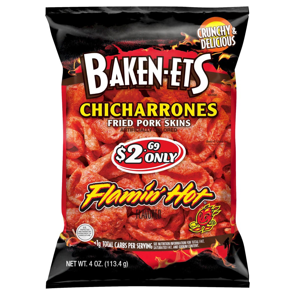 slide 2 of 2, BAKEN-ETS Fried Pork Skins, Flamin' Hot Flavored, 4 oz