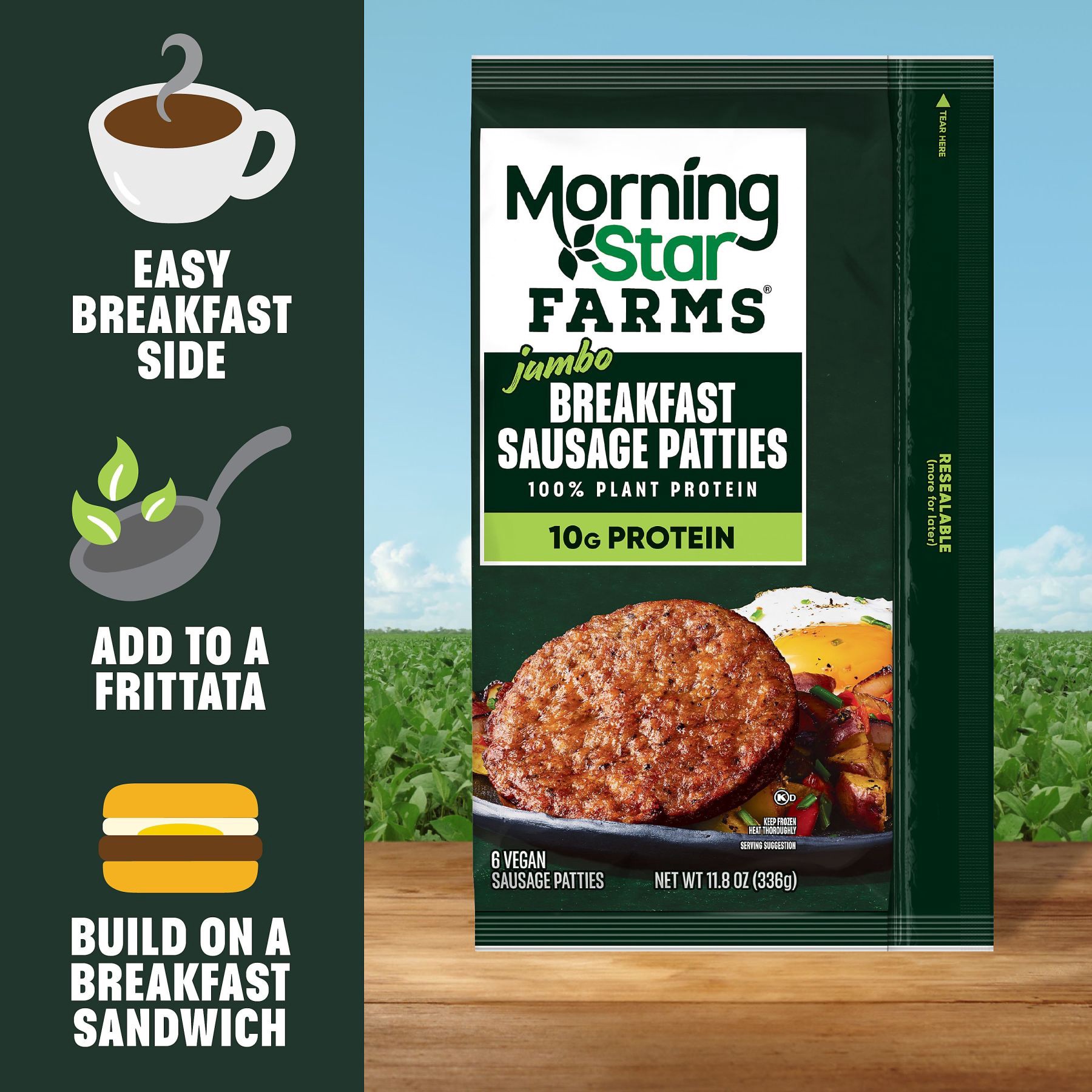 slide 4 of 5, MorningStar Farms Plant Based Jumbo Sausage Patties, Vegan Meat, 6 Count, 11.8 oz