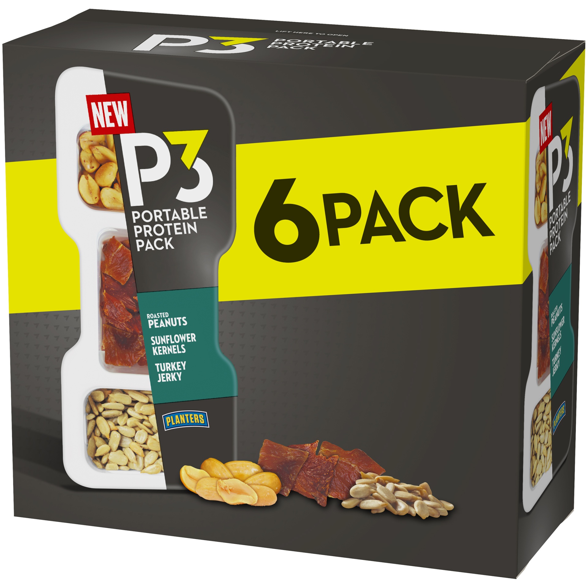 slide 3 of 4, P3 Portable Protein Snack Pack with Roasted Peanuts, Sunflower Kernels & Turkey Jerky Trays, 6 ct