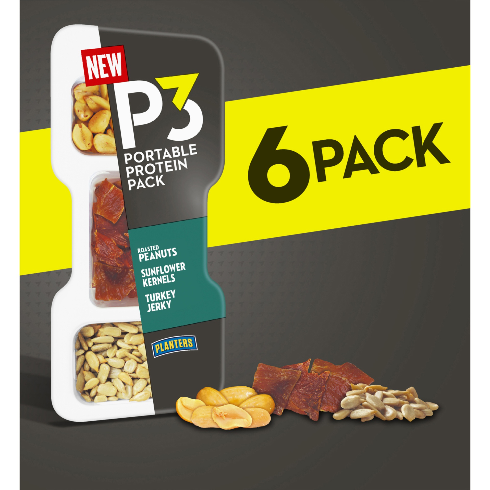 slide 4 of 4, P3 Portable Protein Snack Pack with Roasted Peanuts, Sunflower Kernels & Turkey Jerky Trays, 6 ct