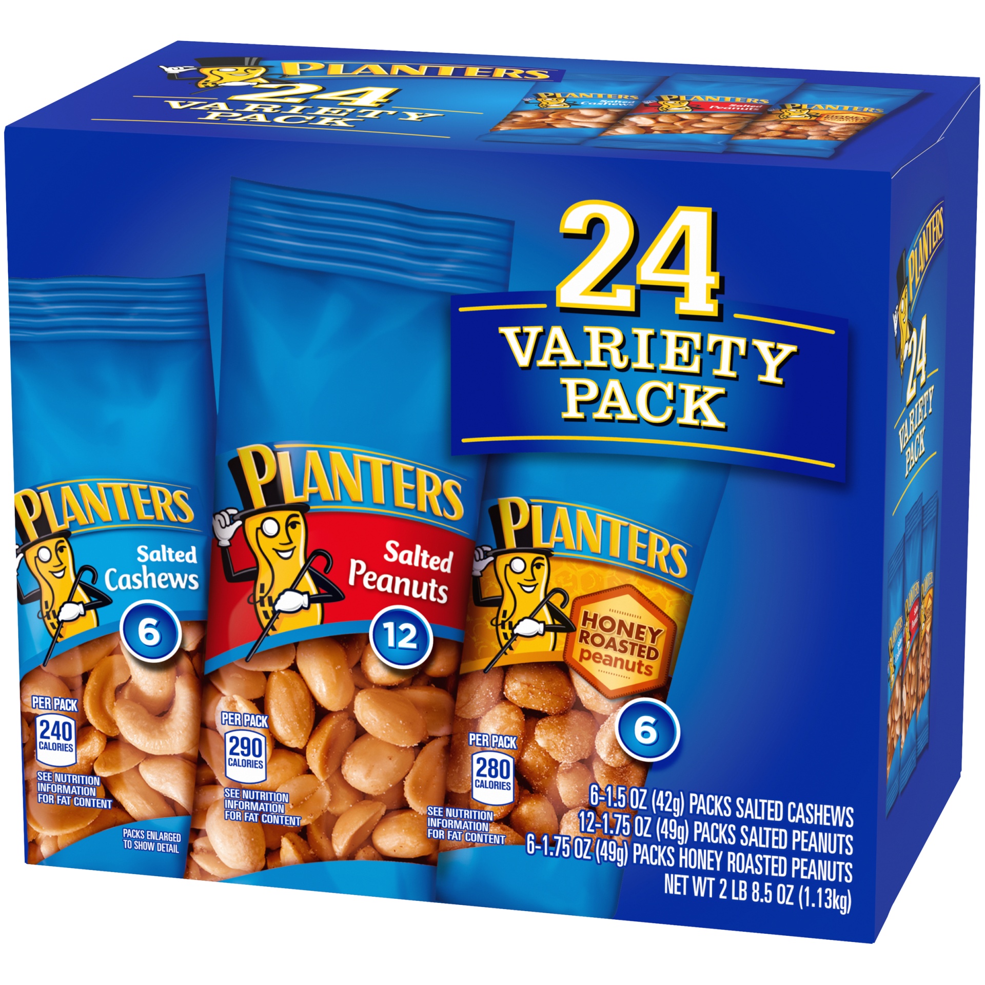 slide 12 of 15, Planters Salted Cashews, Salted Peanuts & Honey Roasted Peanuts Variety Pack Packs, 24 ct