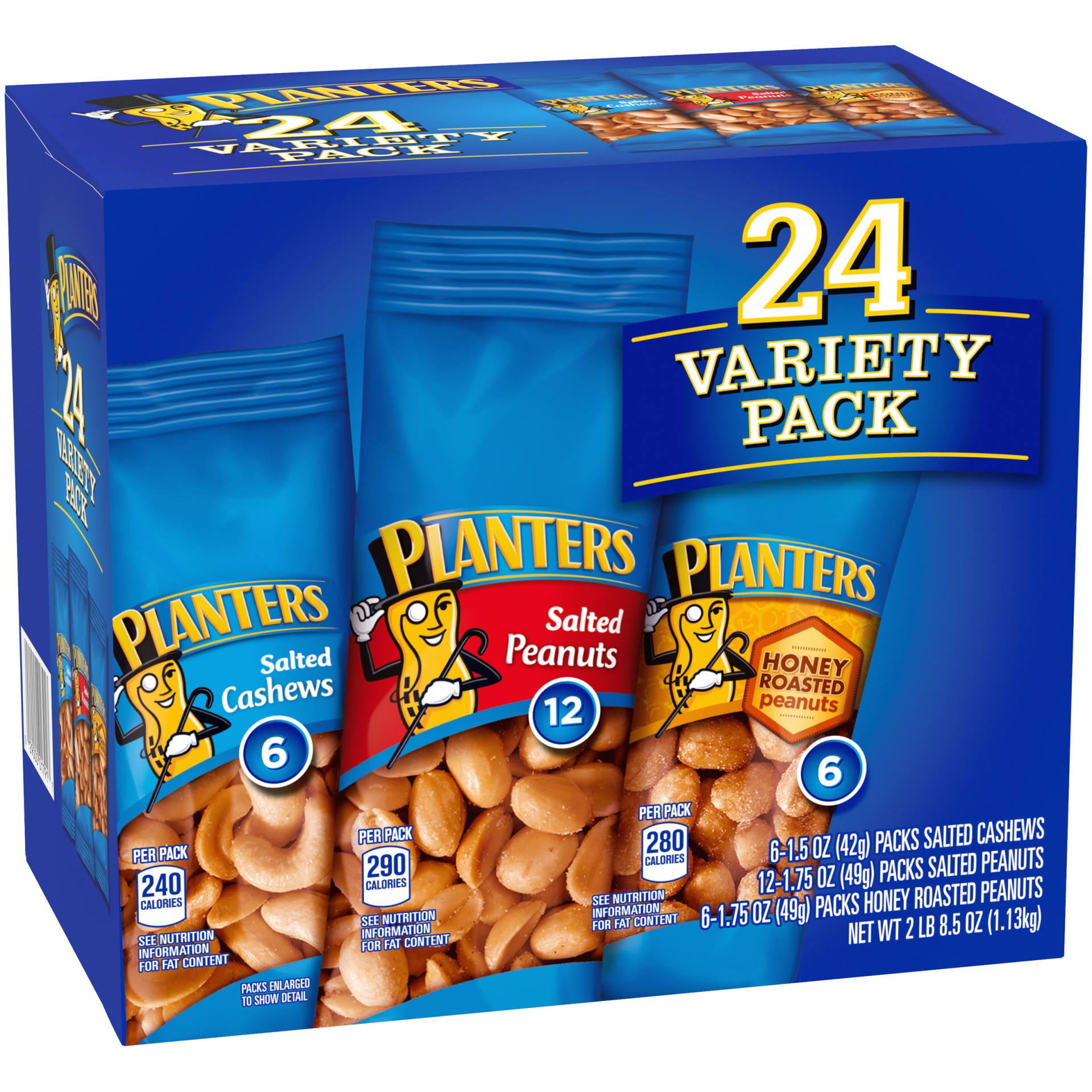 slide 13 of 15, Planters Salted Cashews, Salted Peanuts & Honey Roasted Peanuts Variety Pack Packs, 24 ct