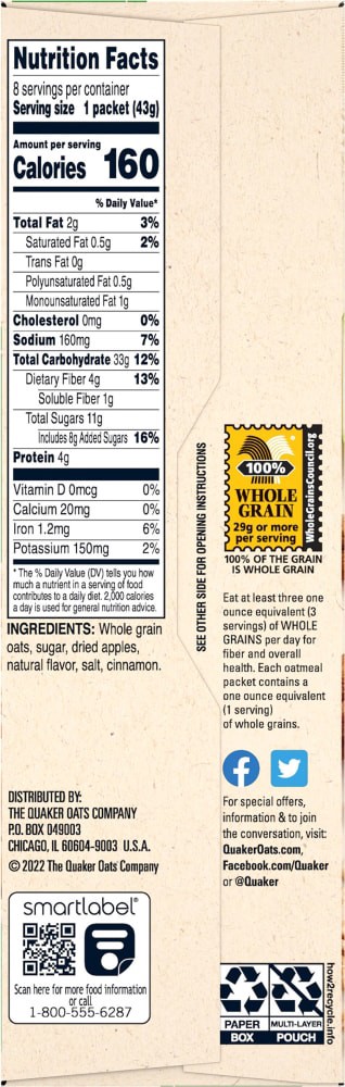 slide 3 of 4, Quaker Oatmeal, Instant, Apples & Cinnamon, 8 ct