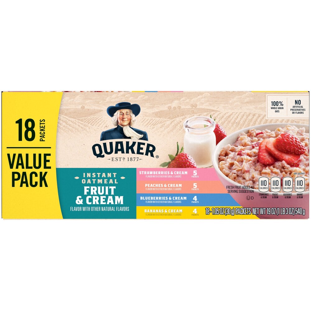 slide 3 of 5, Quaker Fruit & Cream Instant Oatmeal Variety - 18ct, 18 ct