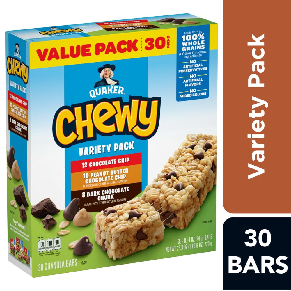 slide 2 of 6, Quaker Chewy 30 Pack Variety Pack Value Pack Chocolate Chip/Peanut Butter Chocolate Chip/Dark Chocolate Chunk Granola Bars 30 ea, 30 ct