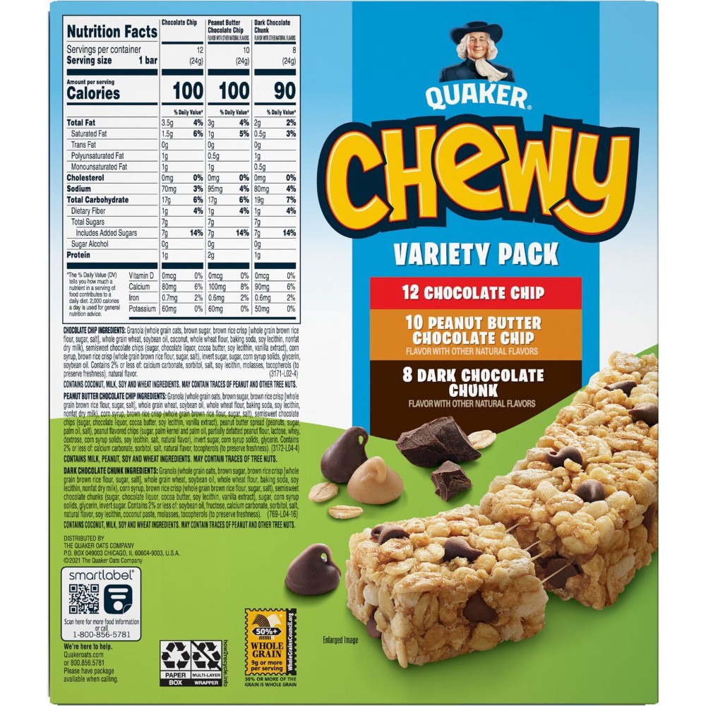 slide 3 of 6, Quaker Chewy 30 Pack Variety Pack Value Pack Chocolate Chip/Peanut Butter Chocolate Chip/Dark Chocolate Chunk Granola Bars 30 ea, 30 ct