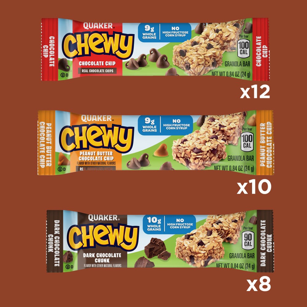 slide 6 of 6, Quaker Chewy 30 Pack Variety Pack Value Pack Chocolate Chip/Peanut Butter Chocolate Chip/Dark Chocolate Chunk Granola Bars 30 ea, 30 ct