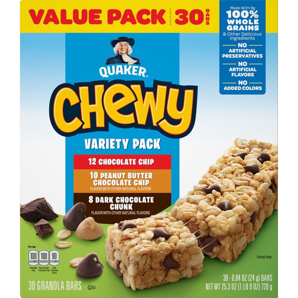 slide 3 of 3, Quaker Chewy 30 Pack Variety Pack Value Pack Chocolate Chip/Peanut Butter Chocolate Chip/Dark Chocolate Chunk Granola Bars 30 ea, 30 ct