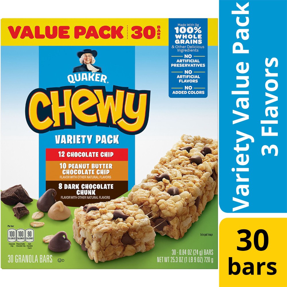 slide 2 of 3, Quaker Chewy 30 Pack Variety Pack Value Pack Chocolate Chip/Peanut Butter Chocolate Chip/Dark Chocolate Chunk Granola Bars 30 ea, 30 ct