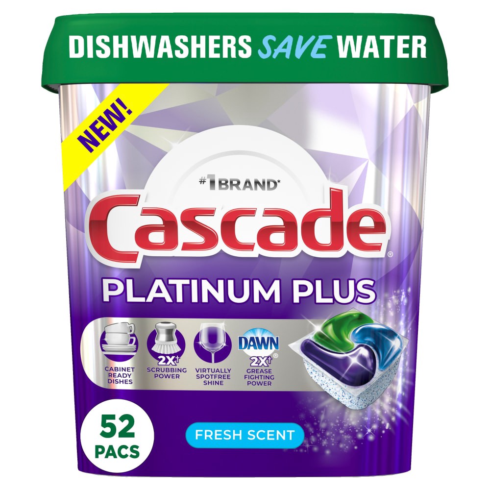 slide 2 of 6, Cascade Platinum Plus Dishwasher Pods, Dish Detergent ActionPacs, Fresh, 52 Count, 52 ct