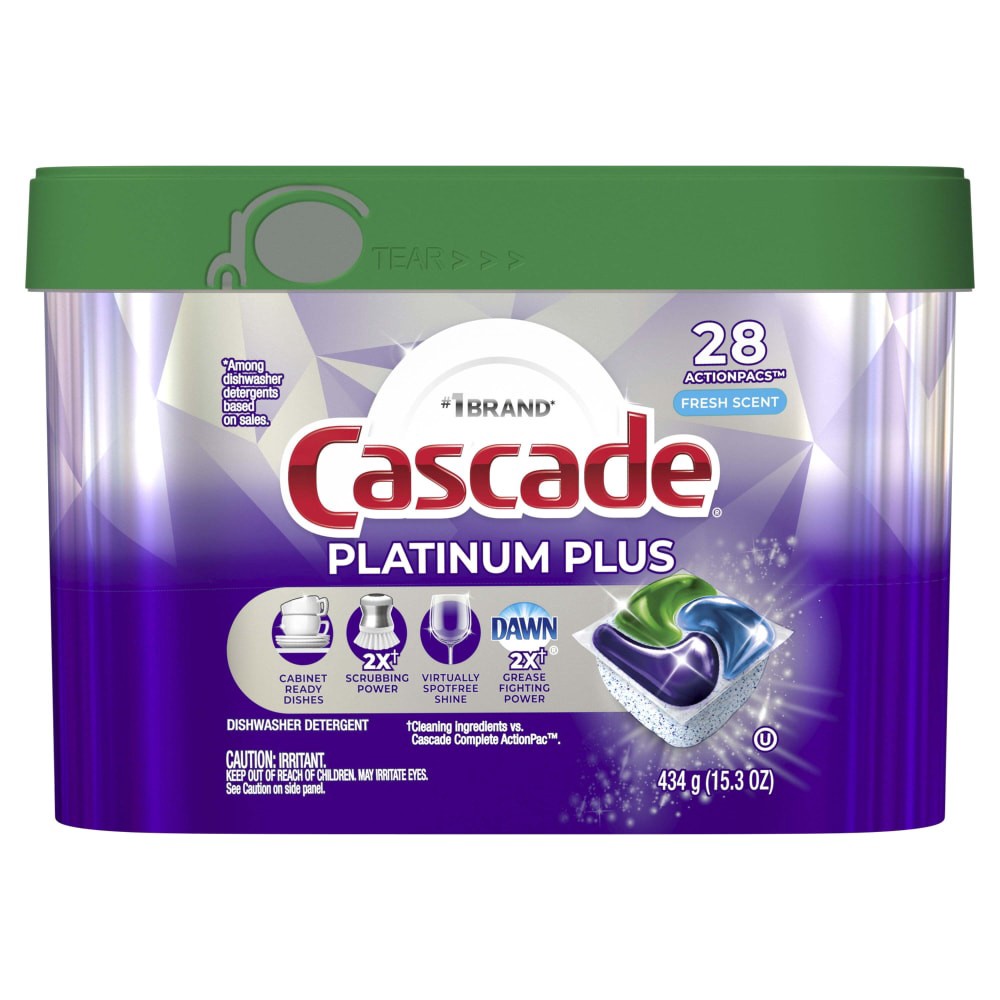 slide 3 of 6, Cascade Platinum Plus ActionPacs Dishwasher Detergent Pods, Fresh, 28 Count, 28 ct