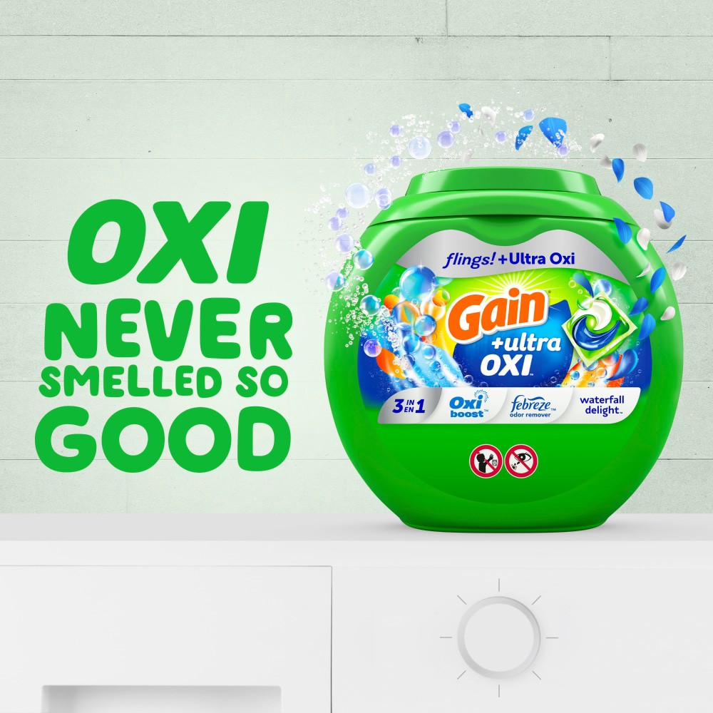 slide 3 of 6, Gain Flings Ultra Oxi Waterfall Delight Liquid Laundry Detergent Pacs, 60 ct