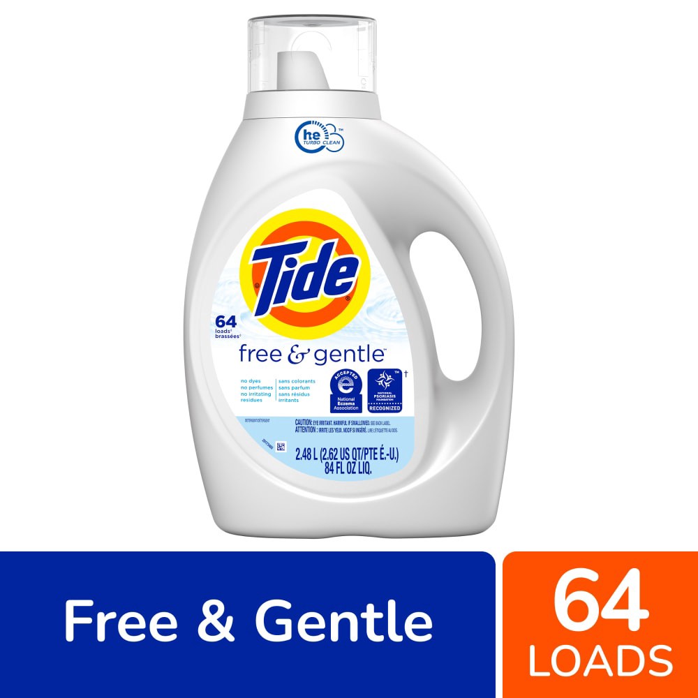 slide 3 of 6, Tide Free & Gentle Liquid Laundry Detergent, 64 Loads, 84 fl oz, Tide Laundry Detergent, Clean Laundry Detergent, 2.62 qt