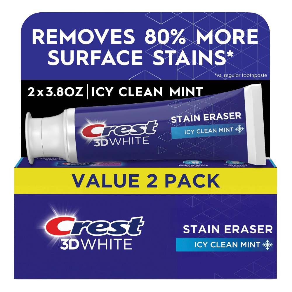 slide 4 of 6, Crest 3D White Stain Eraser Toothpaste Icy Clean Mint - 3.8oz/2pk, 2 ct; 3.8 oz