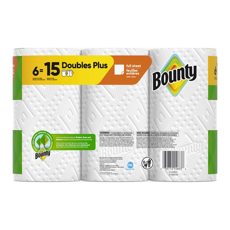 slide 2 of 3, Bounty Paper Towels Full Sheet White, 6 Double Plus Rolls, 103 Sheets Per Roll, 6 ct