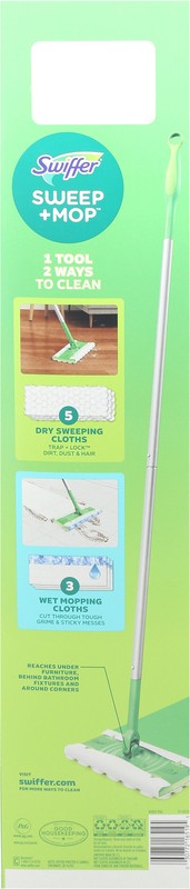 slide 4 of 4, Swiffer Sweeper 2-in-1 Dry + Wet Floor Mopping and Sweeping Kit, Multi-Surface Kit for Floor Cleaning, Kit Includes 1 Sweeper, 7 Dry Sweeping Cloths, 3 Wet Mopping Cloths, 1 ct