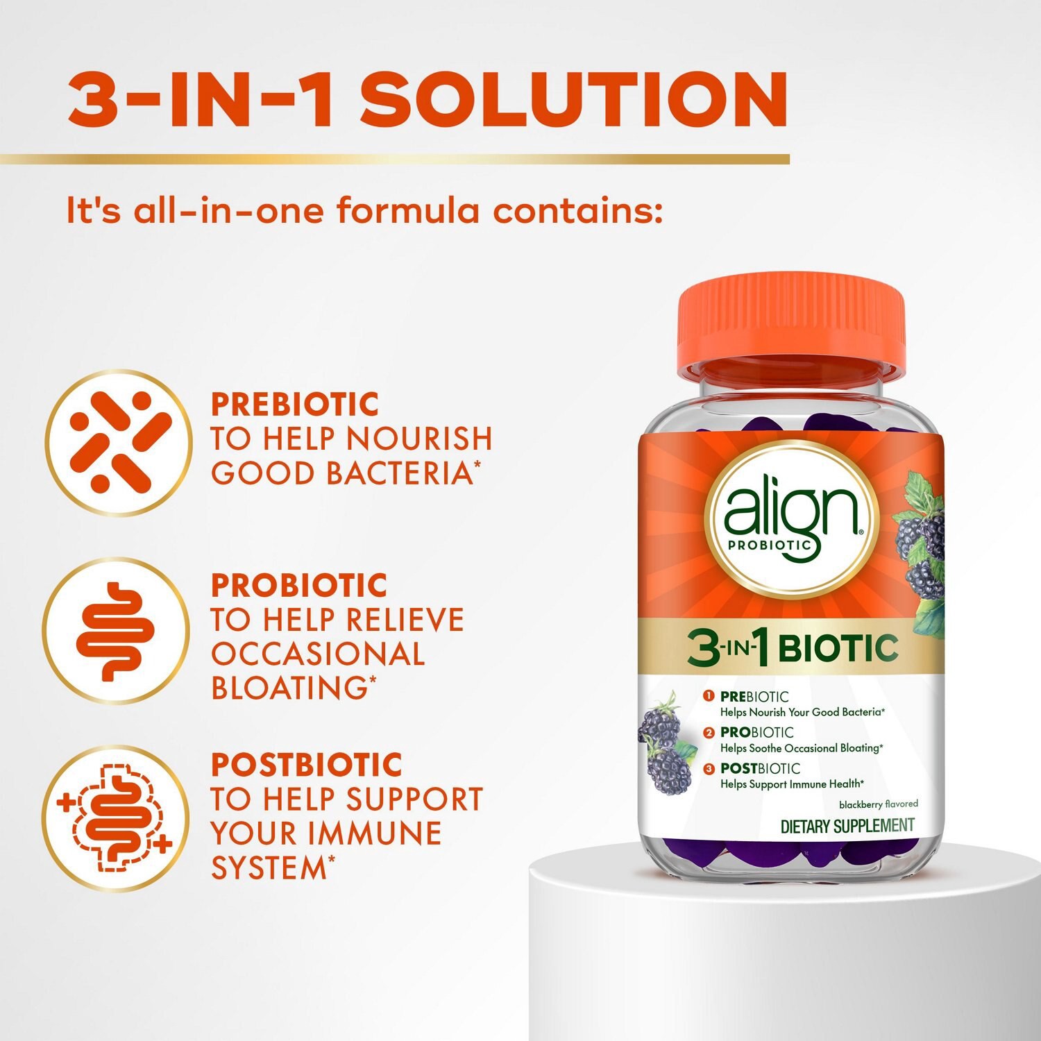 slide 4 of 7, Align, 3-in-1 Biotic Gummies, Prebiotic + Probiotic + Postbiotic, Probiotics for Women, #1 Doctor Recommended Probiotic Brand‡, Helps Relieve Occasional Bloating*, Blackberry Flavor, 50 Gummies, 50 ct