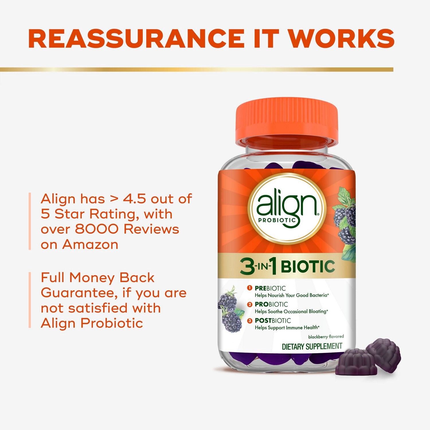slide 5 of 7, Align, 3-in-1 Biotic Gummies, Prebiotic + Probiotic + Postbiotic, Probiotics for Women, #1 Doctor Recommended Probiotic Brand‡, Helps Relieve Occasional Bloating*, Blackberry Flavor, 50 Gummies, 50 ct