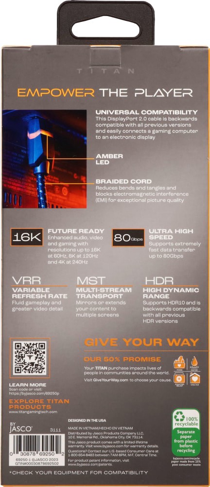 slide 2 of 2, Titan 2.0 Displayport To Displayport Cable, Led, 6Ft, 1 ct