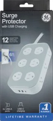 GE Surge Protector with USB Charging - Gray/White, 6 ft