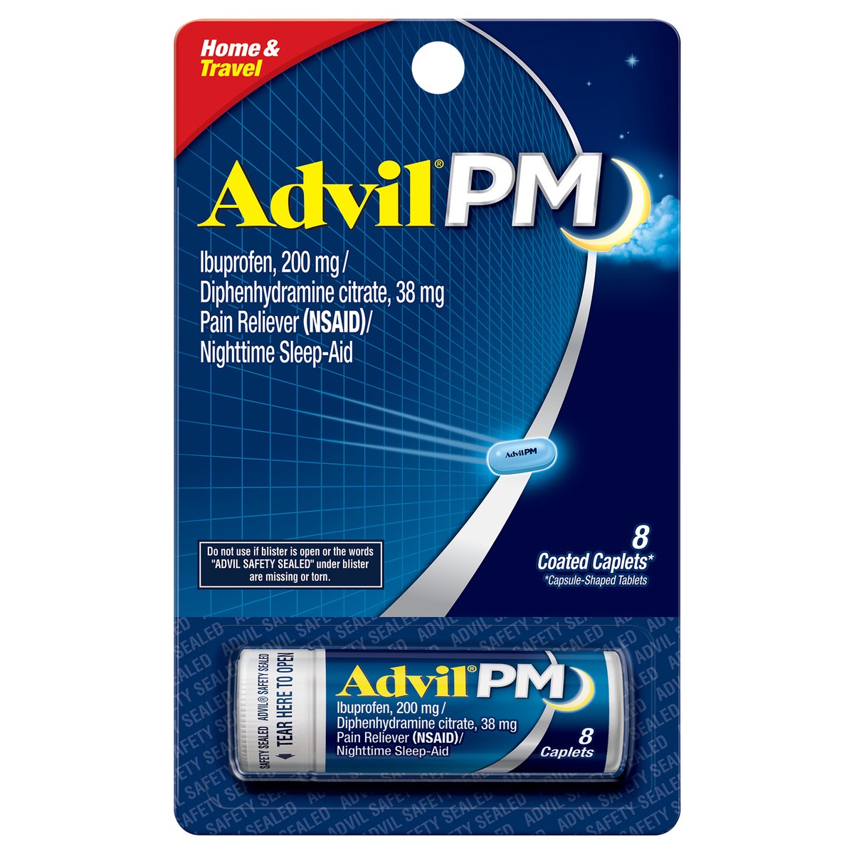 slide 2 of 12, Advil Pain Reliever/Nighttime Sleep-Aid, Coated Caplet, 8 Each, 8 ct