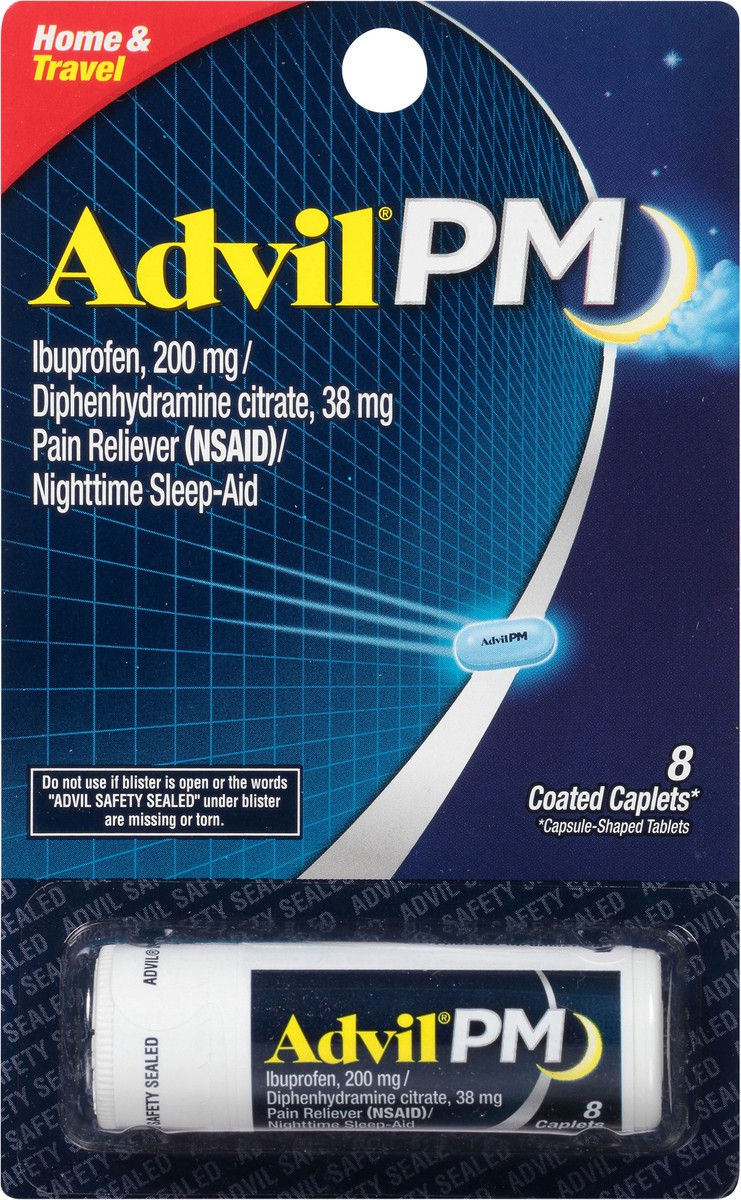 slide 9 of 12, Advil Pain Reliever/Nighttime Sleep-Aid, Coated Caplet, 8 Each, 8 ct
