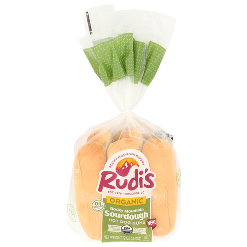 slide 1 of 1, Rudi's Organic Rocky Mountain Sourdough Hot Dog Buns 6 Pack, 12 oz