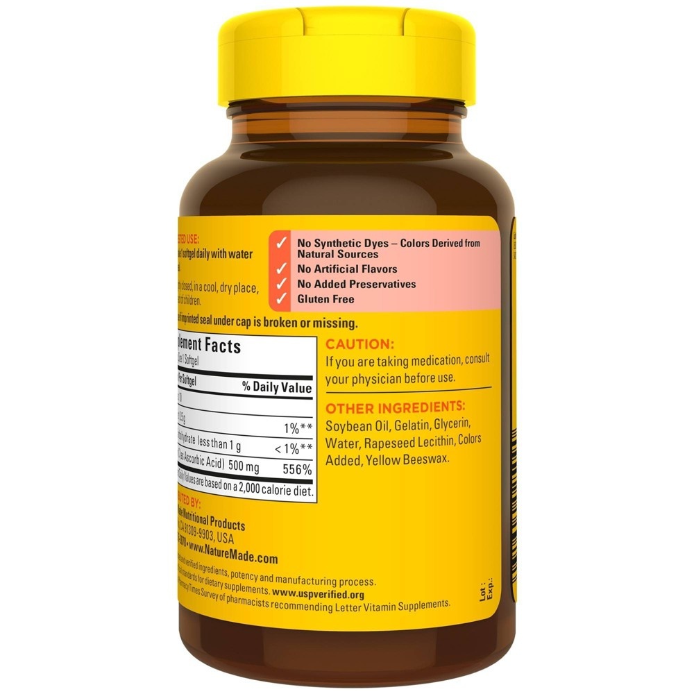 slide 6 of 6, Nature Made Vitamin C 500 mg, Dietary Supplement for Immune Support, 60 Softgels, 60 Day Supply, 60 ct