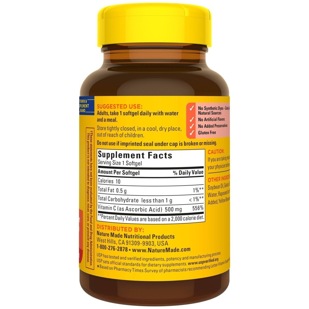 slide 6 of 6, Nature Made Vitamin C 500 mg, Dietary Supplement for Immune Support, 60 Softgels, 60 Day Supply, 60 ct
