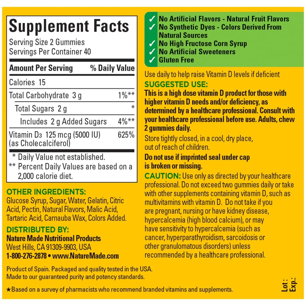 slide 4 of 5, Nature Made Extra Strength Vitamin D3 5000 IU (125 mcg) per serving, Dietary Supplement for Bone, Teeth, Muscle and Immune Health Support, 80 Gummies, 40 Day Supply, 80 ct
