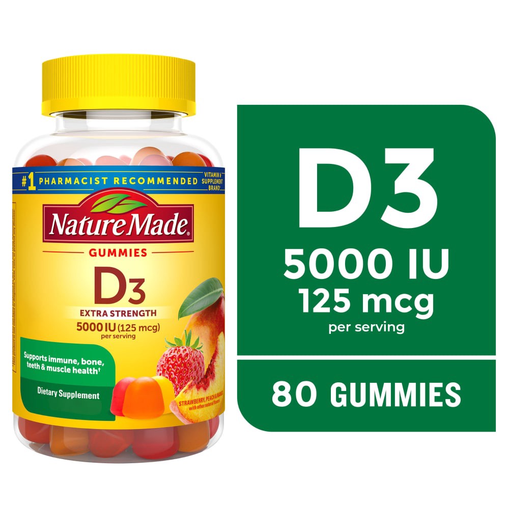 slide 2 of 5, Nature Made Extra Strength Vitamin D3 5000 IU (125 mcg) per serving, Dietary Supplement for Bone, Teeth, Muscle and Immune Health Support, 80 Gummies, 40 Day Supply, 80 ct