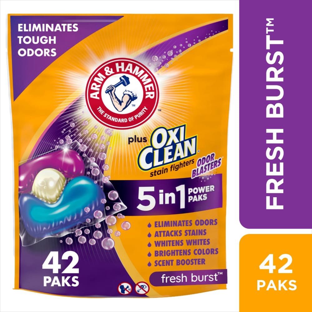 slide 3 of 6, ARM & HAMMER Plus OxiClean With Odor Blasters Laundry Detergent, 5-IN-1 Power Paks, 42 Ct, 42 ct