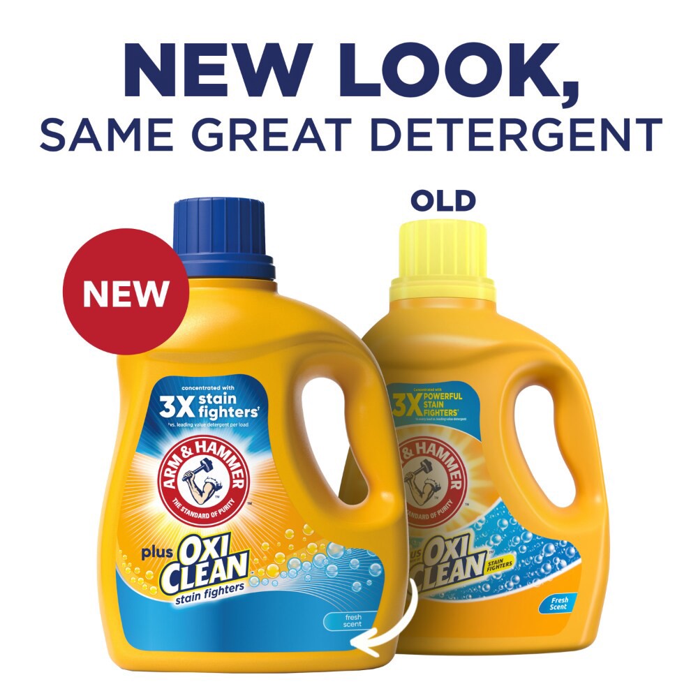 slide 3 of 6, ARM & HAMMER Plus OxiClean Fresh Scent, 77 Loads Liquid Laundry Detergent, 100.5 Fl oz, 100.5 fl oz