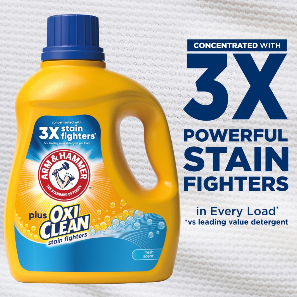 slide 2 of 6, ARM & HAMMER Plus OxiClean Fresh Scent, 77 Loads Liquid Laundry Detergent, 100.5 Fl oz, 100.5 fl oz